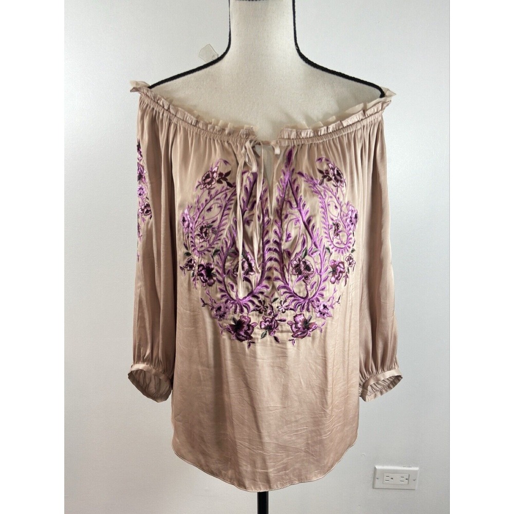 White House Black Market Floral Satin Blouse Size M Tan Purple Long Sleeve